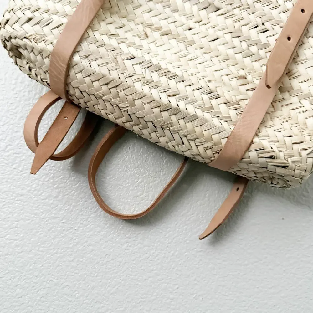 BOUTIQUE | Rattan Woven Wicker Basket Style Backpack Tote Bag Leather Straps - Picture 3 of 7